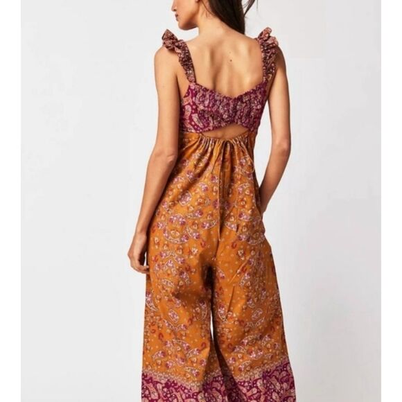 New Free People Bali Albright Boho Paisley Jumpsuit In Gold Combo M - Picture 2 of 16